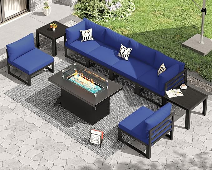 RADIATA 9 Piece Large Modern Aluminum Outdoor Patio Furniture Set with Fire Pit Table, 29" Wide Deep Seat, Rust Proof Comfy Sectional Sofa with Coffee Table, 500 lbs Sturdy Conversation Set, Navy Blue