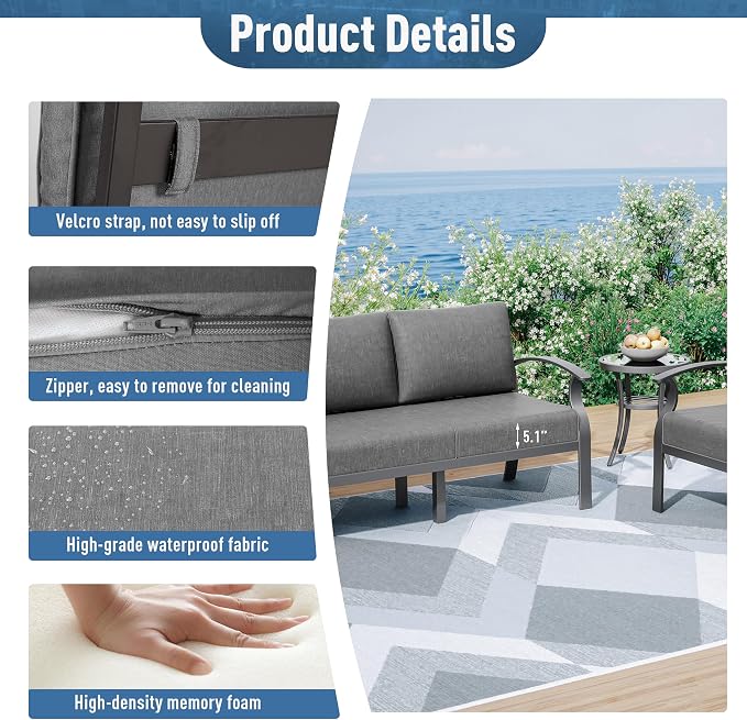 Kurapika Aluminum Patio Furniture Set 5-Seat Modern Outdoor Conversation Sets w/Swivel Rocking Chairs with Rectangular Coffee Table, Grey
