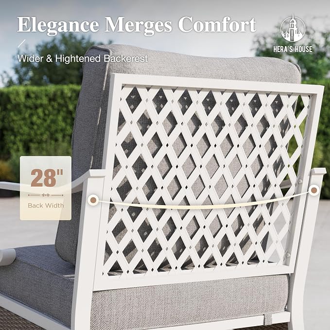 HERA'S HOUSE 5 Piece Metal Patio Furniture Set, 7 Seats All Weather Outdoor Conversation Set, 3 Seat Sofa with Loveseat, 2 Fixed Chairs, Coffee Table for Backyard, Garden, Deck, White/Grey