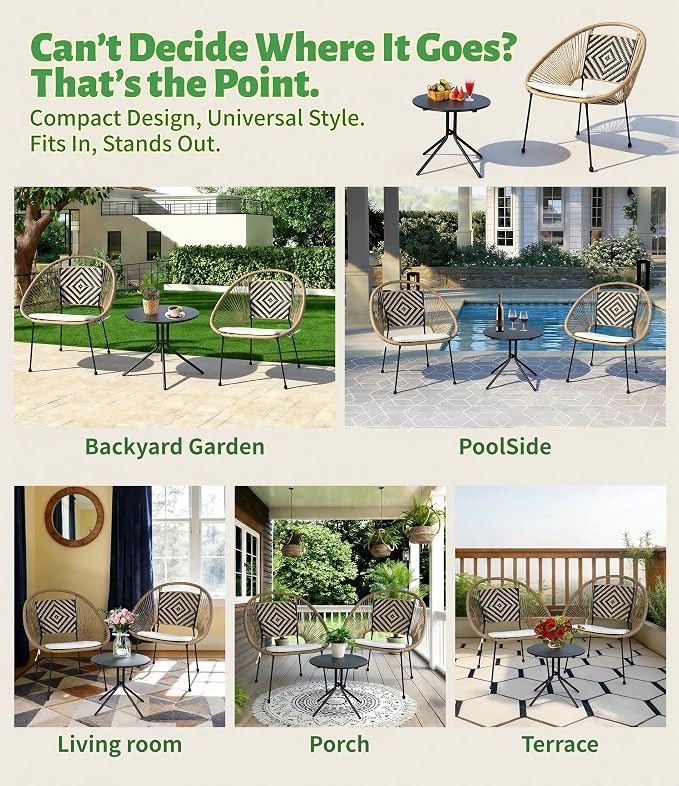 3-Piece Outdoor Patio Bistro Set, Wicker Chairs with Cushions, PE Rattan All-Weather Conversation Set with Coffee Table for Balcony, Porch, Backyard, Poolside, Garden, Deck, Black