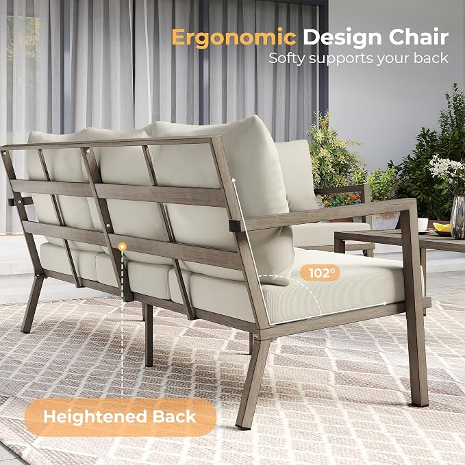 HAPPATIO Aluminum Patio Furniture Set, 4 Pieces Conversation Set with Thick Cushions and Coffee Table, All Weather 3-Seat Sofa Waterproof and Rustproof for Garden, Backyard, Porch, Grey