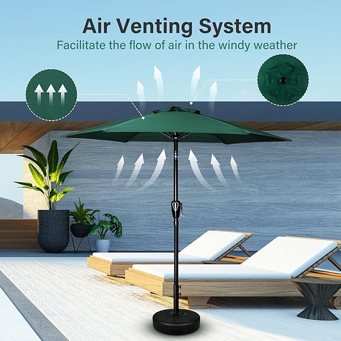 Simple Deluxe 7.5' Patio Umbrella with 20 Inch 50lbs Capacity Fillable Round Base, 6 Sturdy Ribs with Push Button Tilt/Crank for Garden, Deck, Backyard, Pool, Green and Black