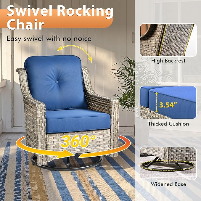 9 PCS Outdoor Patio Furniture Sets,Patio Conversation Sets Outside Rattan Soft Cushion Sofa with 2 Wicker Rocking Chairs & 54 in Fire Pit Table Fit Backyard Porch Garden Poolside Balcony,Navy Blue