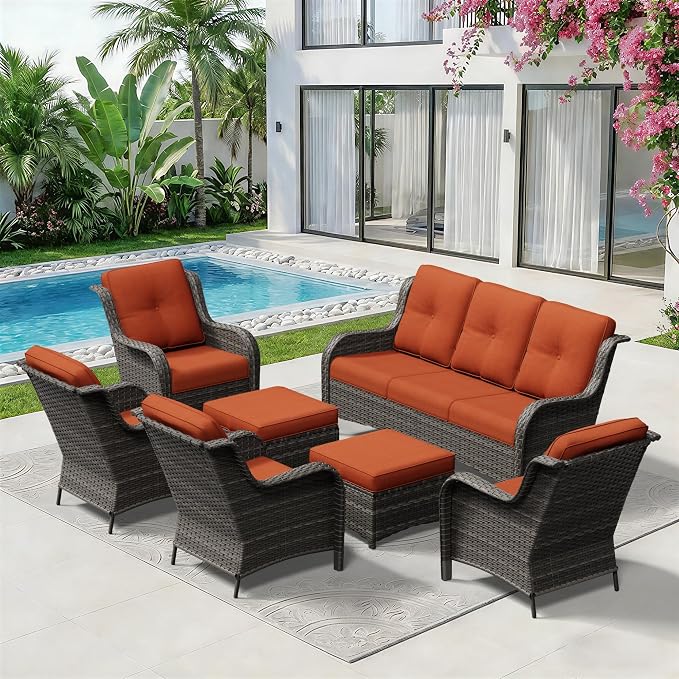 7 Piece Outdoor Wicker Patio Furniture Set, Patio Chairs Set with Thickened Olefin Cushions, High Back and Deep Seating, Hand-Woven PE Rattan, Ottoman for Porch, Deck