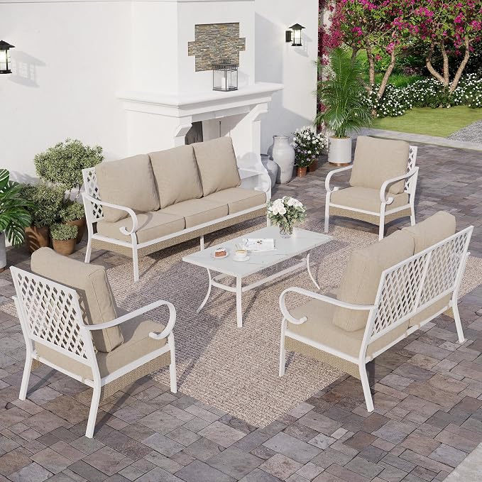 SUNSHINE VALLEY 6 Piece Metal Outdoor Patio Furniture Set, Patio Conversation Set 1 3-Seater Sofa, 2-Seater Sofa, 2 Fixed Chair with 5.75" Thick Cushion & Coffee Table White Backyard Furniture, Beige