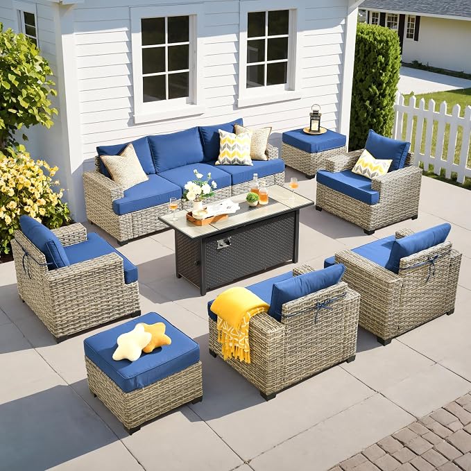 10 Pcs Outdoor Sectional Patio Furniture Set with Fire Pit Table - All Weather Wicker Modular Outside Sectional Couch,Patio Seating Outdoor Conversation Sets for Deck Yard Garden,Navy Blue