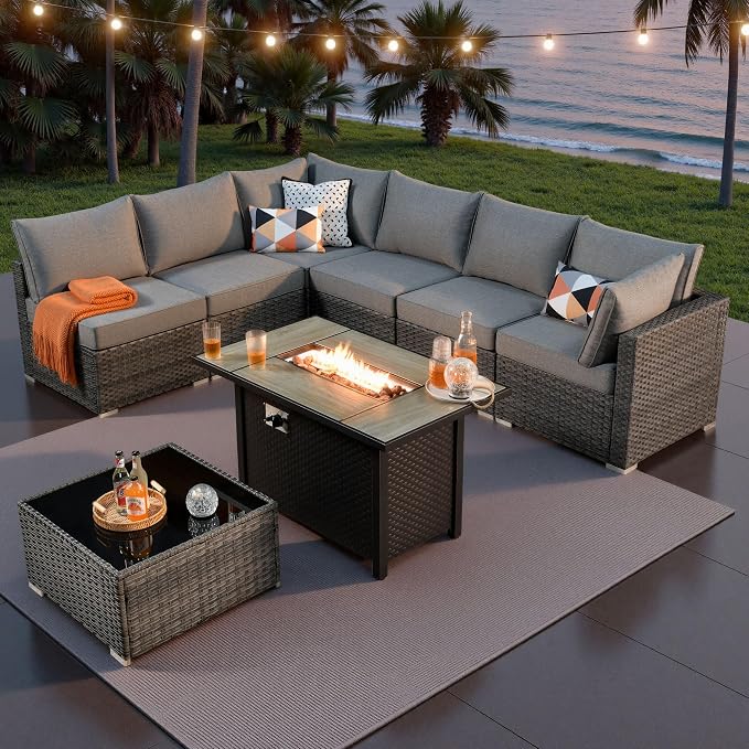 ovios Outdoor 8 Piece Patio Furniture Set with Fire Pit Table,Conversation Sectional Wicker Couch with Coffee Table,Modern Outside Sofa for Balcony Backyard, Dark Grey