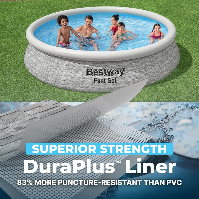 Bestway Fast Set 12' x 30" Round Inflatable Above Ground Swimming Pool Set, Stacked Stone Exterior Outdoor Family Pool with Filter Pump, Gray