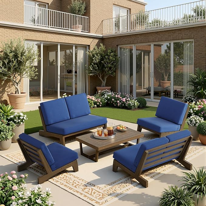7 Pieces All Weather Wood Patio Furniture Sets, 2 Patio Loveseat, 4 Patio Bistro Chair, Outdoor Sectional Sofa Furniture Backyard Conversation Set with Coffee Table - Navy