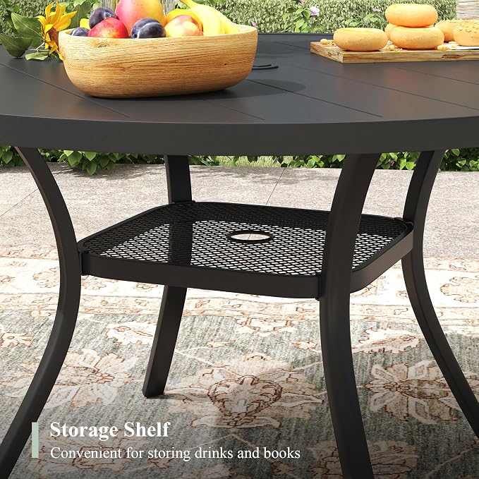 5 Pieces Outdoor Dining Set, Stackable Textilene Paito Chairs & 40.6" Round Dining Table with Umbrella Hole and Shelf, Patio Dining Set for Backyard, Deck, Garden, Dark Blue & Black