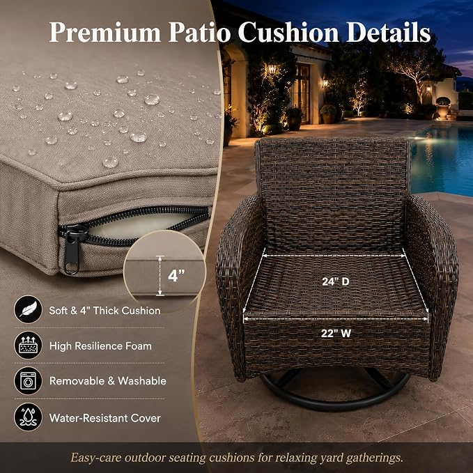 HUMMUH 5-Piece Patio Furniture Set, Fire Pit and Swivel Rocker Chairs | 50000 btu auto-ignition fire pit, 360 degree swivel gliding mechanism, 4 inch thick sponge cushions