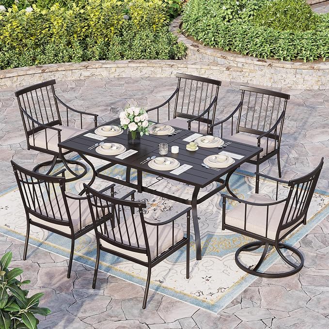 Sophia & William 7-Piece Patio Dining Set, Metal Table, Swivel Chairs | Cushions, Umbrella Hole, Fixed & Swivel Chair,60"* 38"table, 300 lbs Chair Capacity