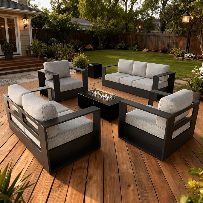 LayinSun Oversized Aluminum Outdoor Furniture Set, 5 Piece Patio Sofa Sets with Fire Pit Table, Deep Seating and Upgraded 6-inch Cushions for Porch, Balcony, Deck