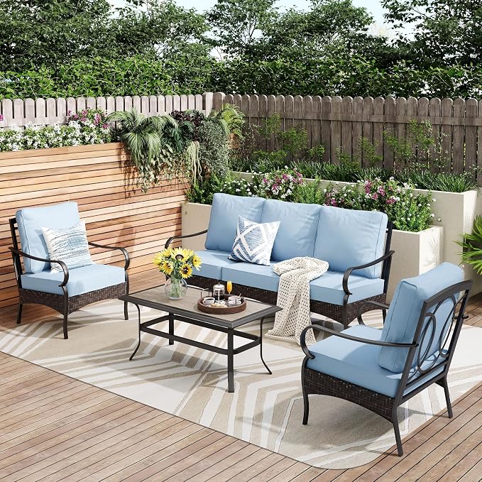 PHI VILLA Outdoor Modern Patio Furniture Set, Upgraded Wicker & Metal Patio Furniture Conversation Set with Waterproof Thick Cushions for Porch, Poolside, Yard (4 Pieces,Blue)
