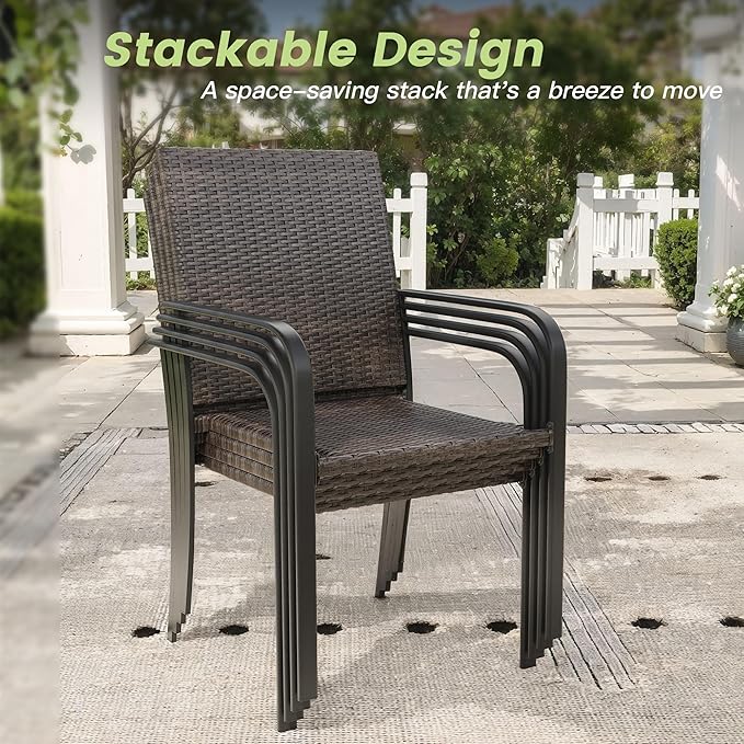 Outdoor Dining Set for 6, 63" Metal Rectangular Outdoor Dining Table with Umbrella Hole and Wicker Stackable Patio Chairs, 7 Pieces Patio Table and Chairs Set for Garden Backyard, Black