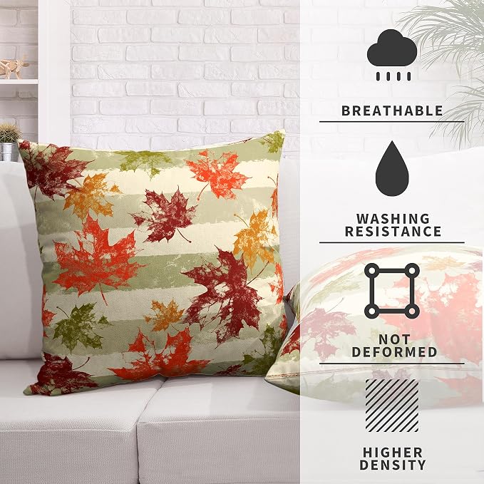 Thanksgiving Fall Pillow Covers 18x18 Set of 2 Red Maple Leaves Throw Pillow Covers Green Grey White Stripes Outdoor Pillow Covers Colorful Autumn Pillowcase for Patio Home Decor Couch
