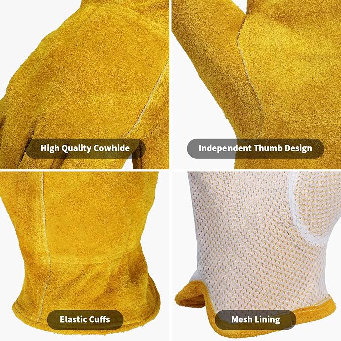 Leather Gardening Gloves for Men Women: Thorn Proof Cowhide Work Gloves | Garden Gloves for Yard Work, Reinforced Palm, Puncture Resistant, Breathable, for Rose Pruning, Heavy Duty, Construction