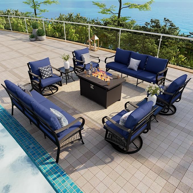 9-Piece Outdoor Furniture Set, Metal Swivel Rocking Chairs with All-Weather Cushions, Patio Conversation Set with Fire Pit Table for Deck, Porch, Garden, Backyard, Poolside (Blue Cushions)