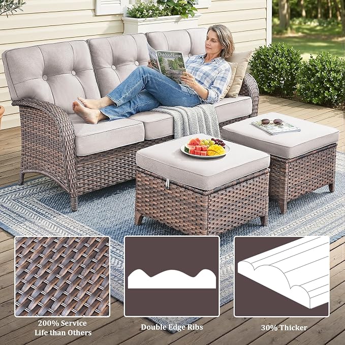 4 PCS Patio Furniture Set with Fire Pit Table, Outdoor Sectional Sofa Couch with Rocking Swivel Chairs 5" Deep Seat Chairs, Modern Wicker Rattan Conversation Set, Beige/Brown Wicker