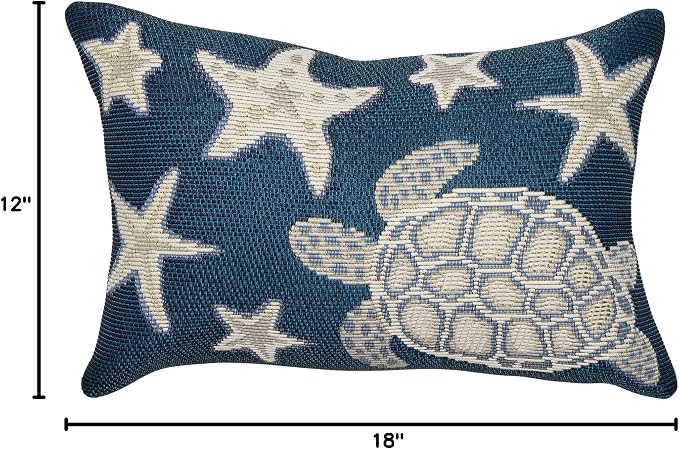 Liora Manne MARINA Indoor/Outdoor Power Loomed Easy Care Pillow - Transitional Geometric Coastal Beach Colorful (Turtle And Stars Navy) (12" x 18")