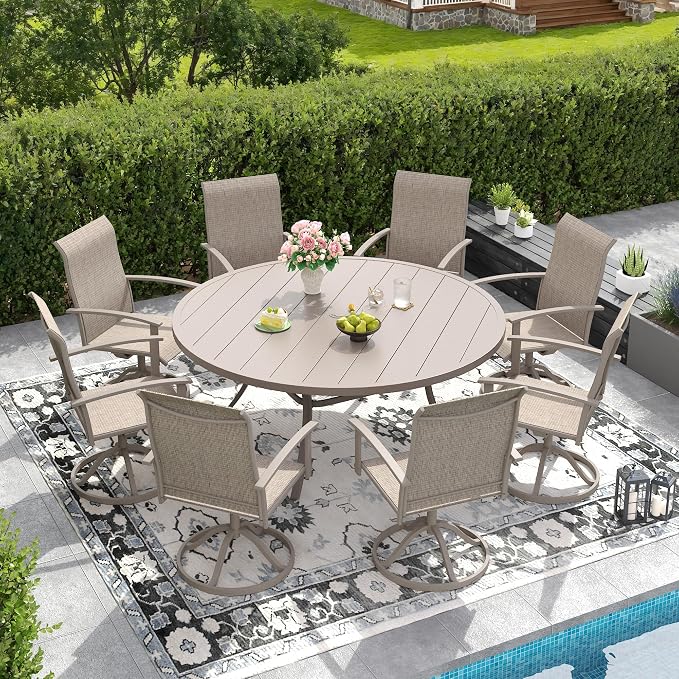DIFY 9 Pieces Outdoor Dining Set for 8, 60" Round Metal Table with Umbrella Hole and Textilene Swivel Patio Chairs, Patio Table and Chairs Set for Garden, Backyard, Poolside, Sandshell