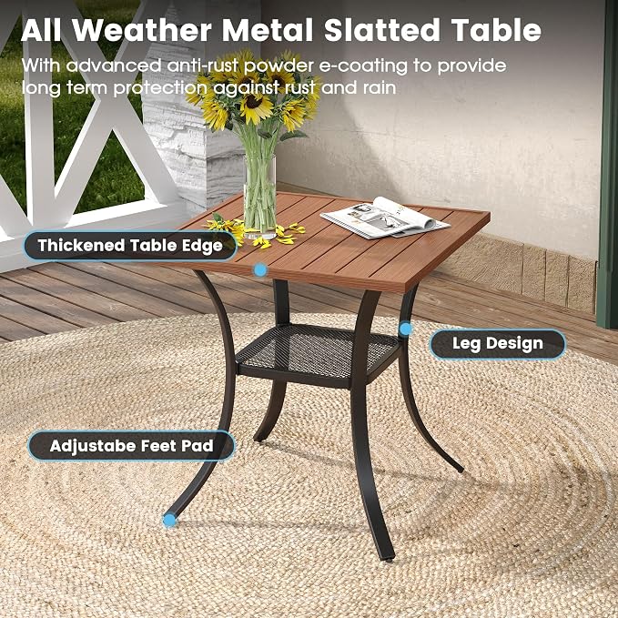DIFY 3 Piece Outdoor Dining Set for 2, Patio Furniture Set with Padded Textilene Swivel Patio Chairs and 27.6" Small Square Metal Dining Table, Brown Fabric & Walnut Tabletop