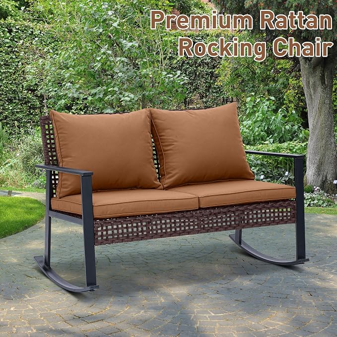 Ainfox Outdoor Wicker Loveseat Rocking Chair, Patio Rattan Rocker Chair with Cushions，All-Weather Modern Cozy Rocking Wicker Furniture for Garden Balcony Porch, Brown