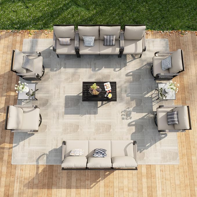 11-Piece Outdoor Patio Conversation Sets, Rope Outdoor Furniture Set Metal 3-Seater Couch, 4 Swivel Rockers with 2 Side Tables, Loveseat Sofa Single Chairs with Coffee Table for Backyard, Beige
