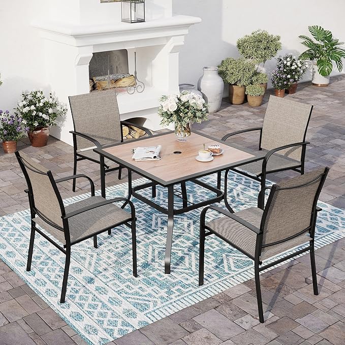 SUNSHINE VALLEY 5 Piece Patio Dining Set for 4, 37”x37” Square Table (PVC Wood-Like Table Top) with 1.57" Umbrella Hole, 4 Metal Brown Chairs, Outdoor Table and Chairs Set for Lawn Backyard and Deck