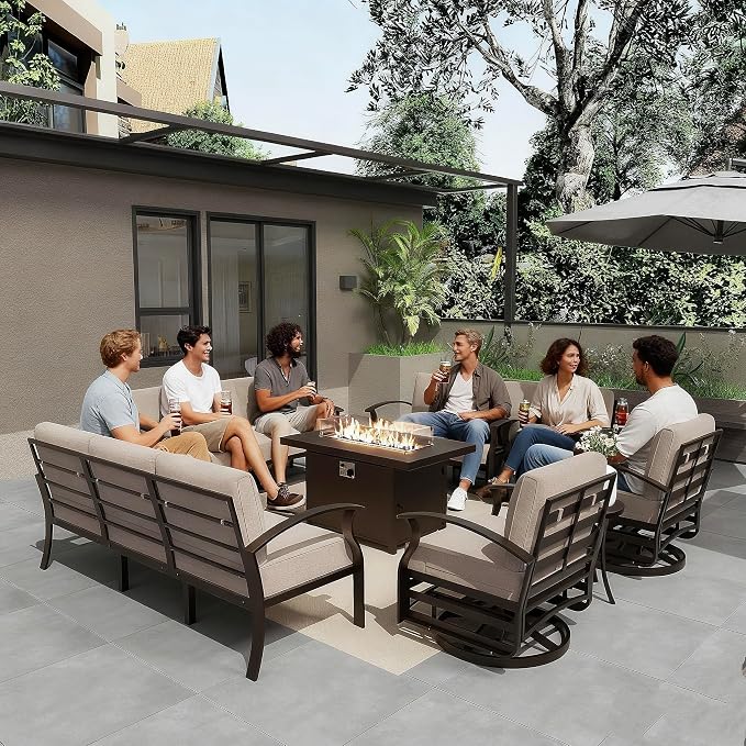 Gotland Outdoor Aluminum Patio Furniture Set with Fire Pit Table, 7 Pieces Metal Patio Furniture with 2 Swivel Rocking Chairs 11 Seats Waterproof 5.1'' Seat Cushions, for Garden Balcony Porch Khaki