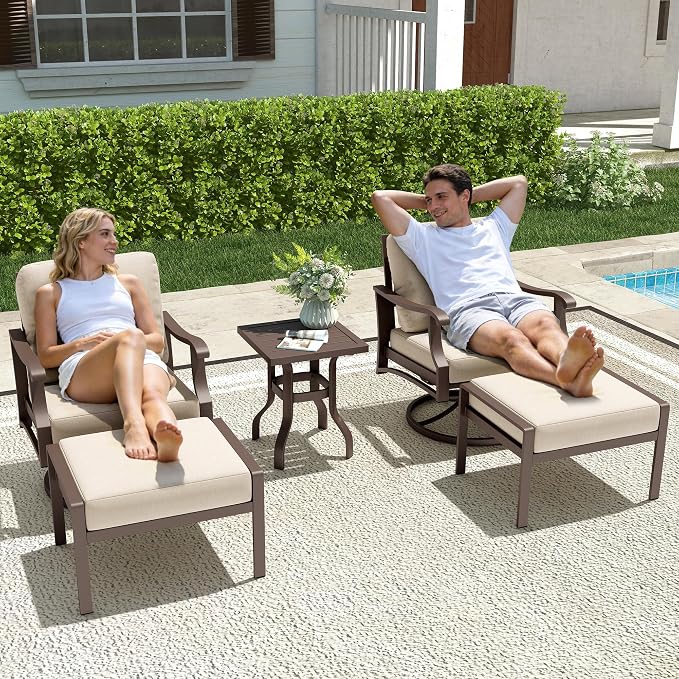 Outdoor Swivel Rocker Chairs w/2 Ottomans, Coffee Table, 5 Piece Metal Patio Conversation Bistro Set with 5" Thickened Cushions, Aluminum Frame for Porch, Backyard, Balcony, Beige