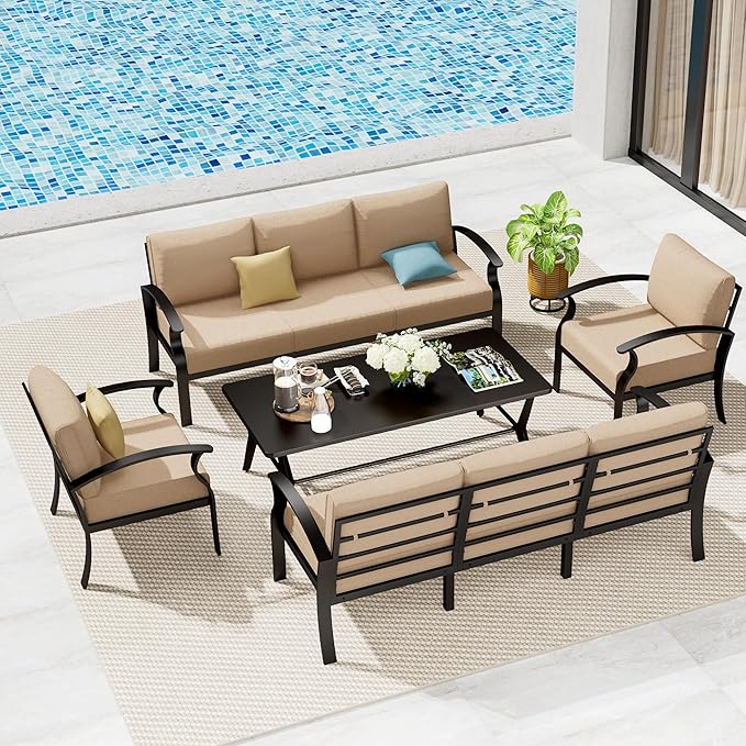 Aluminum Patio Furniture Set with Coffee Table,8 Seats Metal Modern Outdoor Furniture w/5.1" Thick Cushions,Patio Sectional for Patio,Backyard,Sand