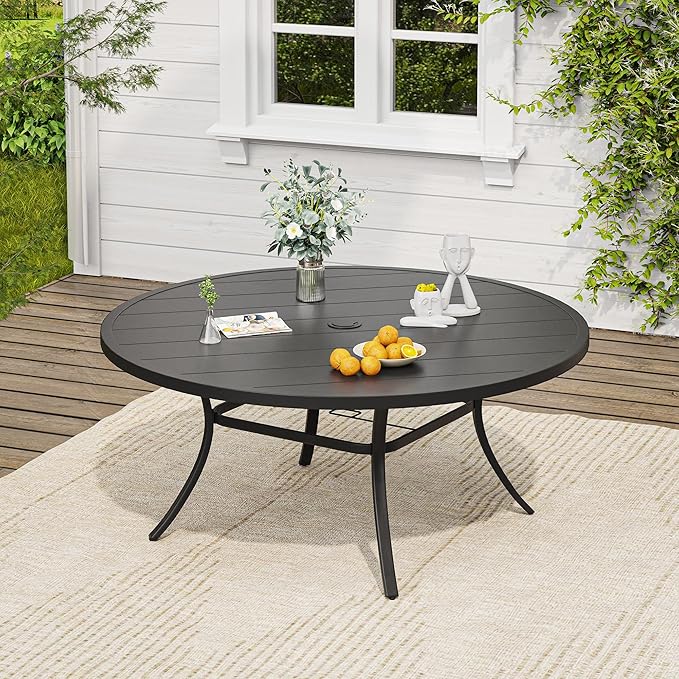 VICLLAX Round Patio Dining Set for 10, Metal Slatted Patio Table with Umbrella Hole and Stackable Patio Chairs for Deck Lawn Garden, Black Fabric and Black Tabletop