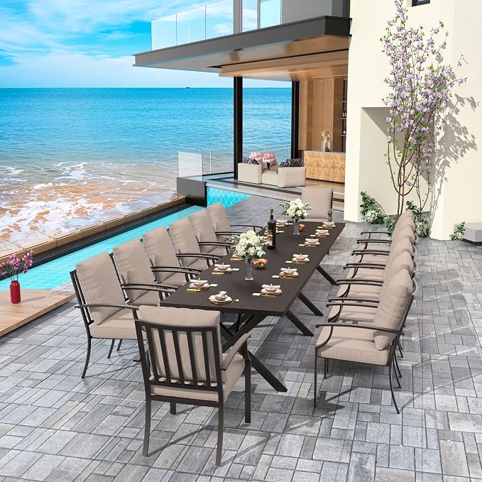 16-Piece Patio Dining Set Outdoor Conversation Set, Metal Outdoor Furniture Set with 2 Umbrella Hole Cut-Out Tables and 14 Metal Backrest Chairs for Backyard, Garden, Sand