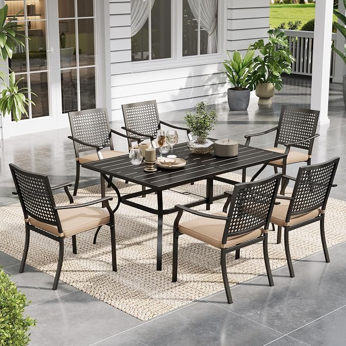 Sophia & William 7 Piece Metal Outdoor Patio Dining Bistro Sets with Umbrella Hole, 60" x 37.8" Rectangle Patio Table and 6 Backyard Garden Outdoor Chairs
