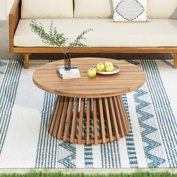 Merax Outdoor Acacia Wood Conversation Set - Patio 3-Seat Loveseat Sofa w/Coushion and Round Coffee Table for Backyard, Lawn, Balcony, Teak+Green/Light Teak