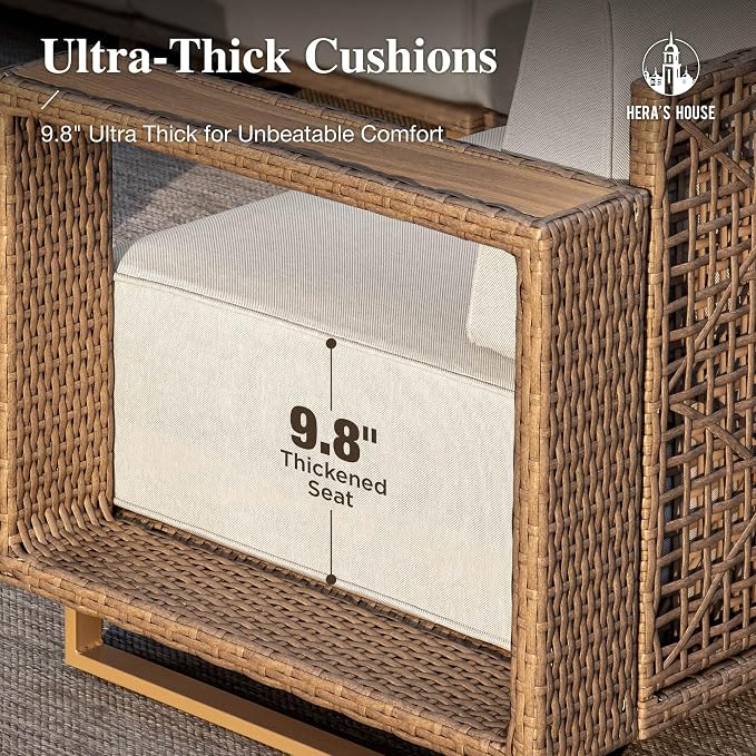 HERA'S HOUSE Patio Furniture Set, Outdoor Sectional Wicker Sofa, 6-Piece Modular L-Shaped Yellow Rattan Conversation Set with 10" Thick Cushion for Lawn Garden Deck Pool