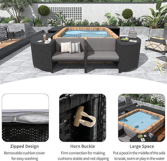 LUMISOL Patio Furniture Set, Spa Surround Outdoor Rattan Sofa Set with Wooden Seats and Storage Spaces, Quadrilateral Patio Sofa Set with Spa Surround Tub Frame for Patio, Backyard, Grey