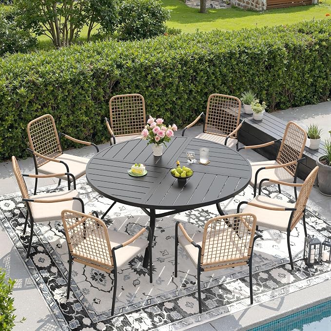 DIFY 9 Pieces Outdoor Dining Set, Metal Patio Table and Chairs Set for 8, 53.1" Round Dining Table with Umbrella Hole & Wicker Stackable Patio Chairs with Cushions, Black Tabletop