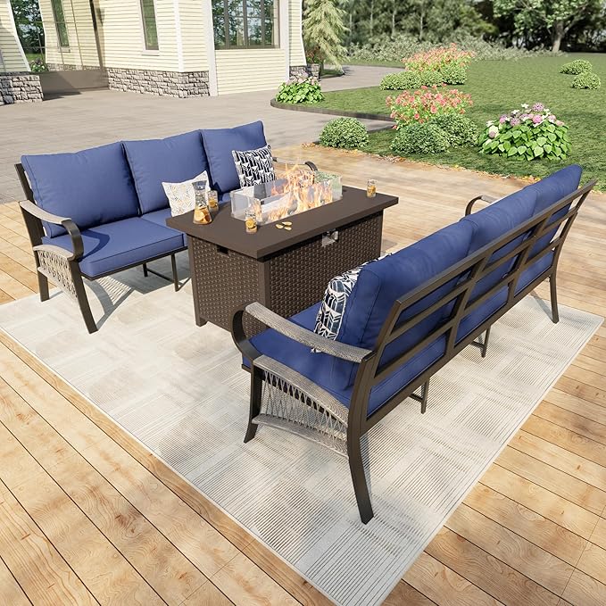 3 Pieces Patio Furniture Set, Metal Outdoor Conversation Sets with Fire Pit Table for Backyard Garden Deck Porch Poolside (Thick Blue Cushions)