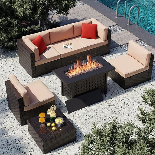 Vongrasig 7 Piece Patio Furniture Set with Propane Fire Pit, Outdoor Conversation Sets Wicker Rattan Sectional Sofa with Coffee Table, 43” Propane Gas Firepit Table with Lid, Beige