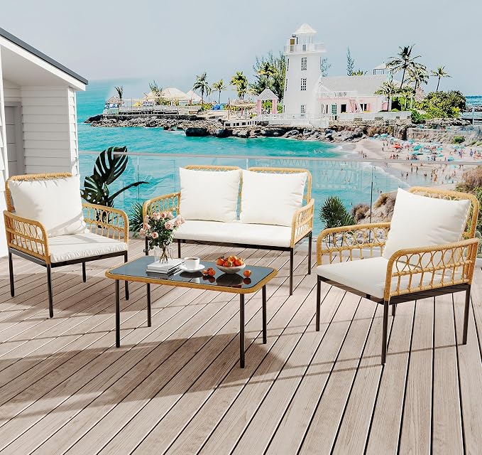GarveeLife 4 Pieces Patio Furniture Sets Wicker Outdoor Patio Table and Chairs Set with Glass Side Table, Loveseat Chairs, Boho Rattan Conversation Sets for Backyard, Bistro, Apartment, Porch, Beige