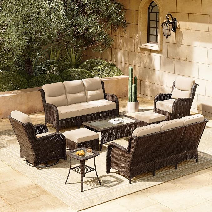 HILLGA 8-Piece Luxury Patio Furniture Set with 6" Thick Cushions, Weather-Resistant Wicker High Back Swivel Rocker Chairs, Senior-Friendly Outdoor Sofa Set for Large Deck, Yard and Poolside, Beige(V2)