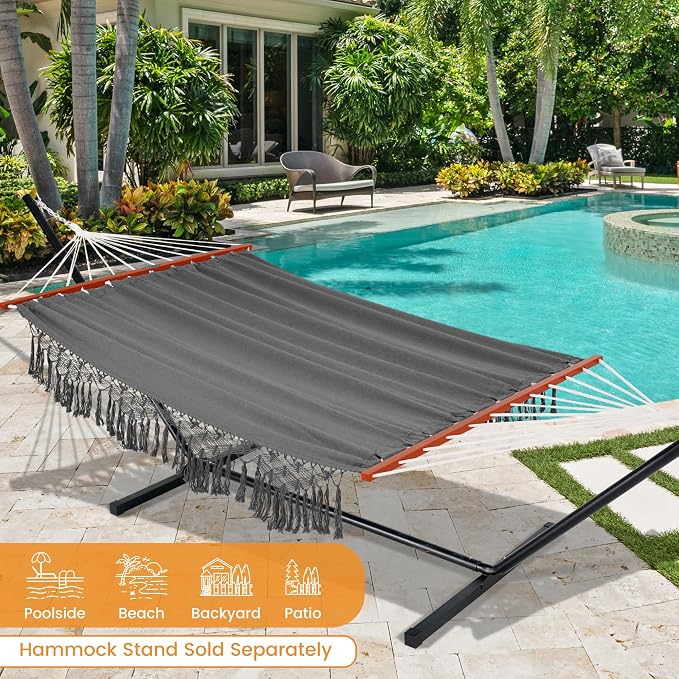 Lazy Daze Hammocks Cotton Fabric Double Hammock with 55" Spreader Bar, Portable Camping Hammock with Carrying Bag & Tree Straps for Patio, Backyard, Balcony, 450lbs Capacity, Dark Gray