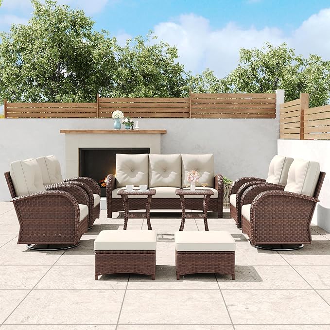 9 Pieces Outdoor Wicker Patio Swivel Rocking Chairs, All Weather Wicker Conversation Set with Side Table