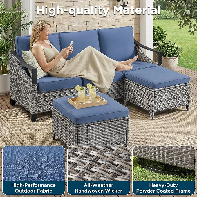 Outdoor Swivel Rocker Patio Chairs-High Back Wicker Swivel Rocker Patio Chairs Set of 2,PE Wicker Chair Outdoor Patio Furniture Sets with Covered Cushions for Porch Balcony Patio Deck Grey/Blue