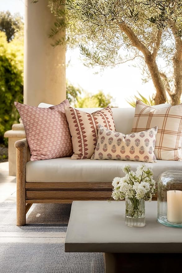 Crumbs Home Modern Farmhouse California Casual Indoor Outdoor Throw Pillow Cover, 20"x20" Water Repellent for Patio, Backyard, Couch, Poolside, Earth Tone Rust Orange Neutral Print Leaves Stripes