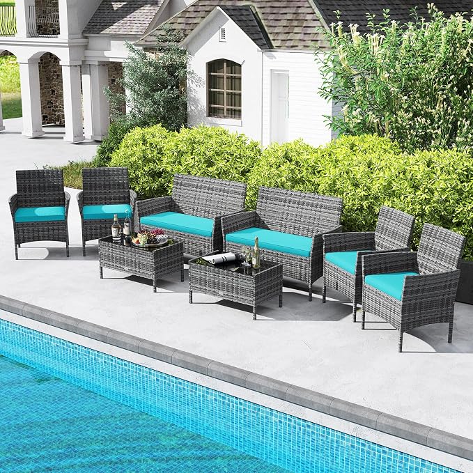 Tangkula 4 Pieces Patio Rattan Conversation Set, Outdoor Wicker Furniture Set with Cushioned Chair, Loveseat & Tempered Glass Table, Outside Sectional Sofa Set for Backyard (G-Turquoise,1)