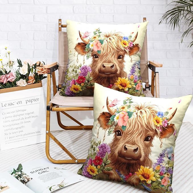 Highland Cow Pillow Covers 22x22 Set of 2 Cattle with Flowers Throw Pillow Covers Spring Outdoor Pillowcase Cotton Linen Farmhouse Cushion Case for Sofa Outdoor Patio