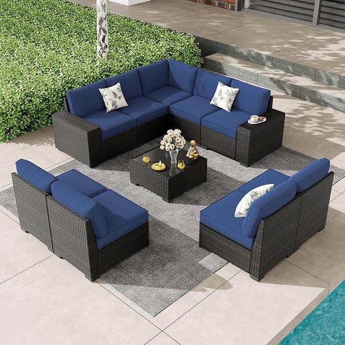 Patio Furniture Set, 10 Pieces Outdoor Couch Sofa with Wider Armrests & Glass Coffee Table, Outdoor Sectional Furniture with Thick Cushions for Party, Poolside,Garden-Navy